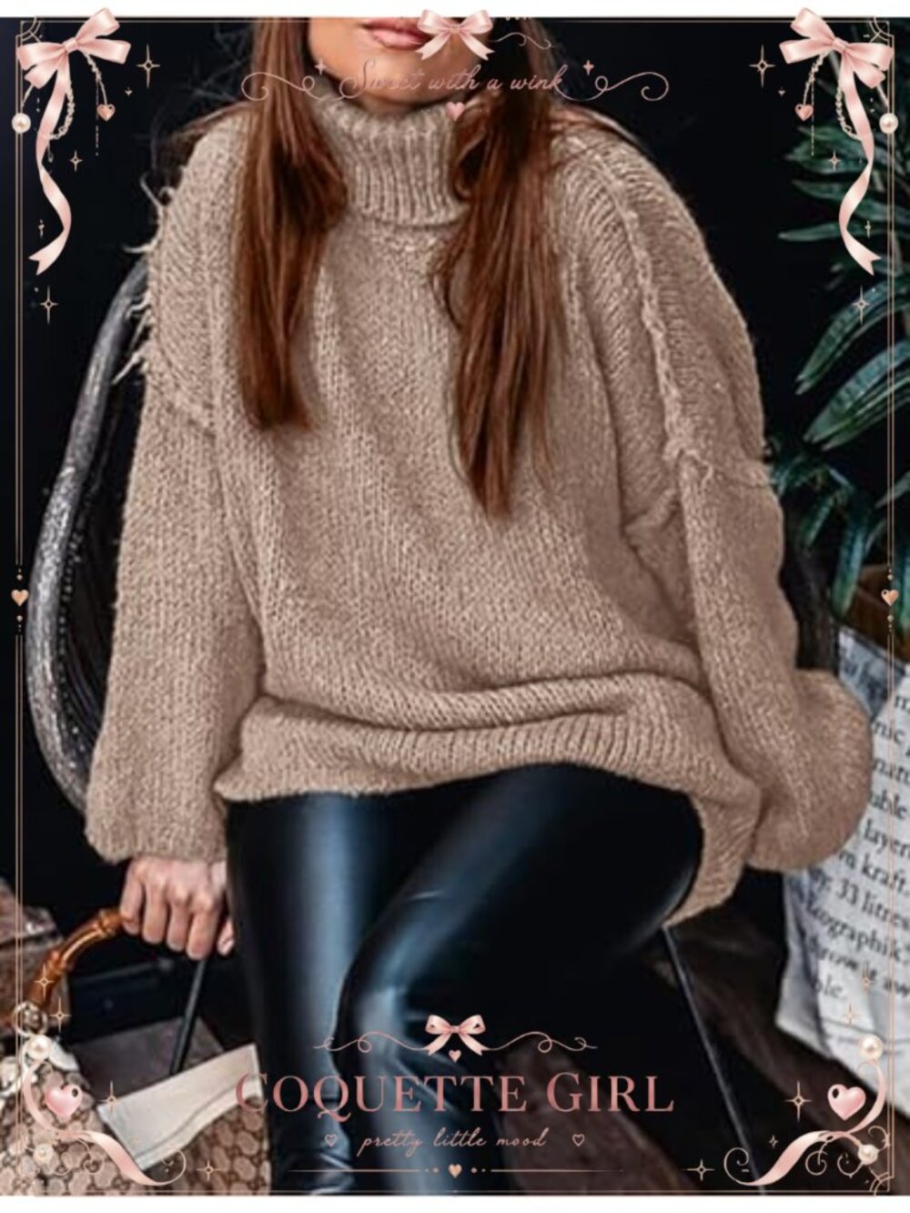 Womens Turtleneck Long Sleeve Chunky Knit Oversized Pullover Sweater - Picture 2 of 6